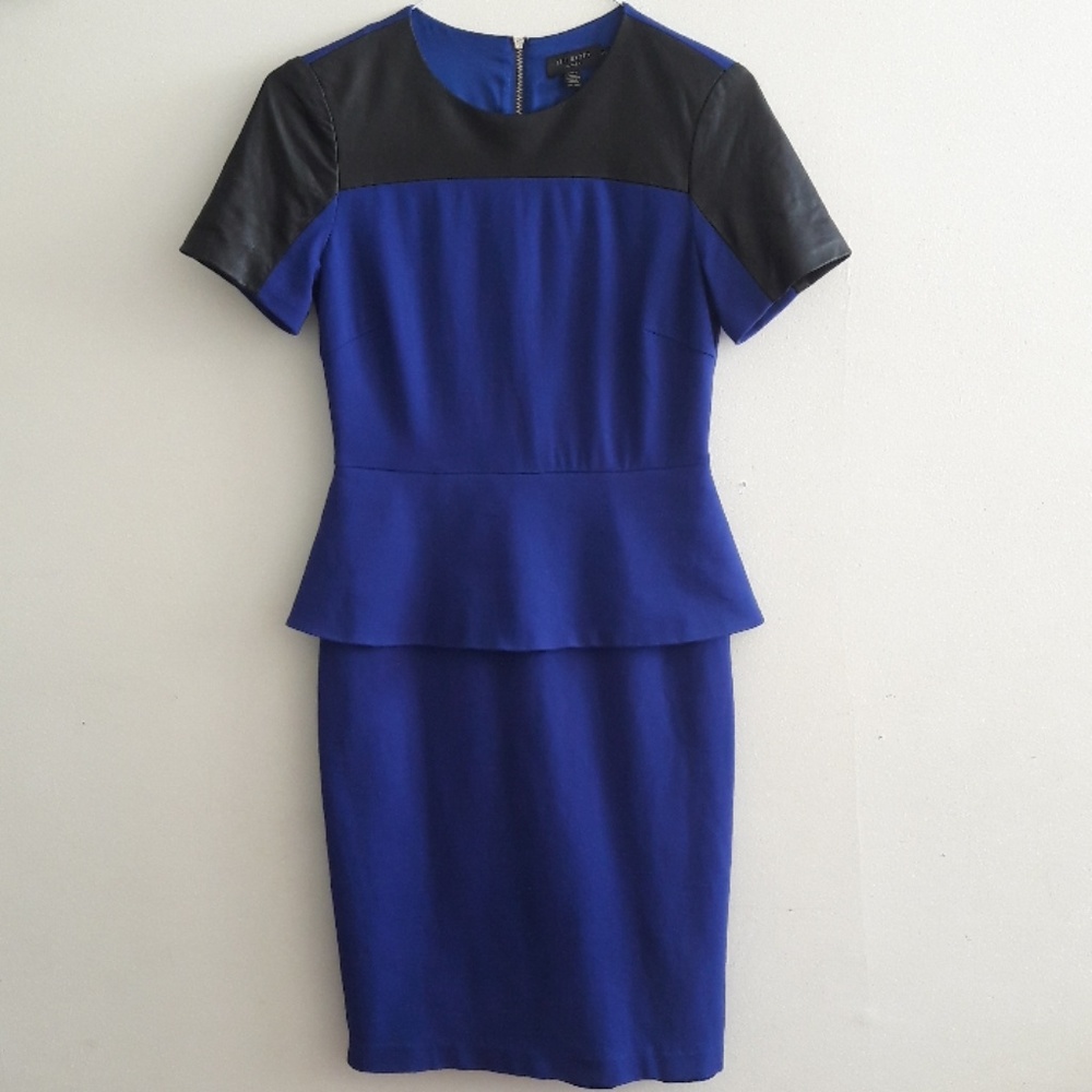 LEATHER-SHOULDER PEPLUM DRESS